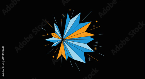 A vibrant abstract geometric explosion of blue and orange shards radiates outward, creating a dynamic and modern visual impact on a dark background.