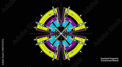This intricate abstract digital artwork features a vibrant, symmetrical design against a dark background, evoking themes of quantum physics and advanced technology.
