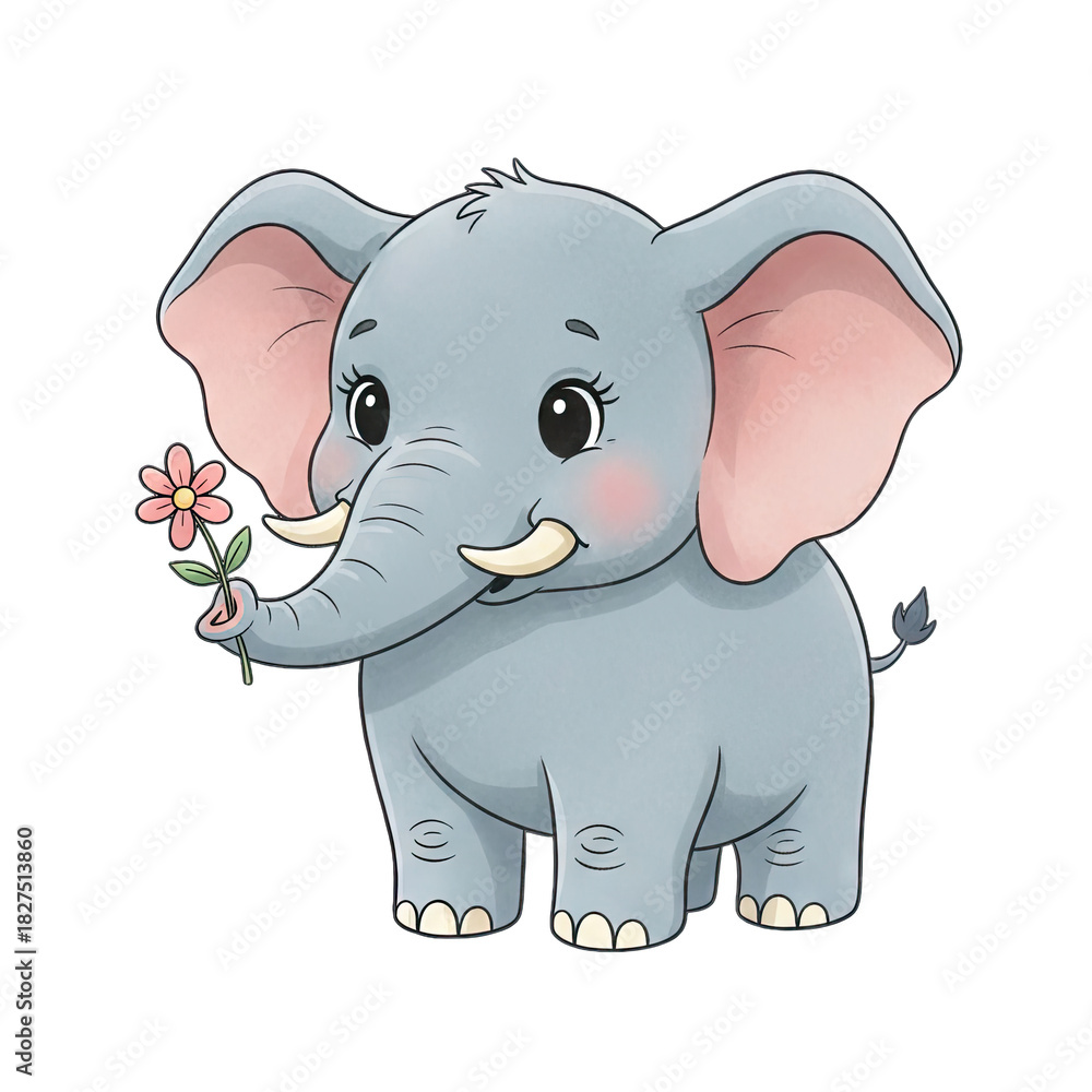 Naklejka premium Cute cartoon elephant with pink flower and soft shading isolated on a transparent background in a whimsical illustration style