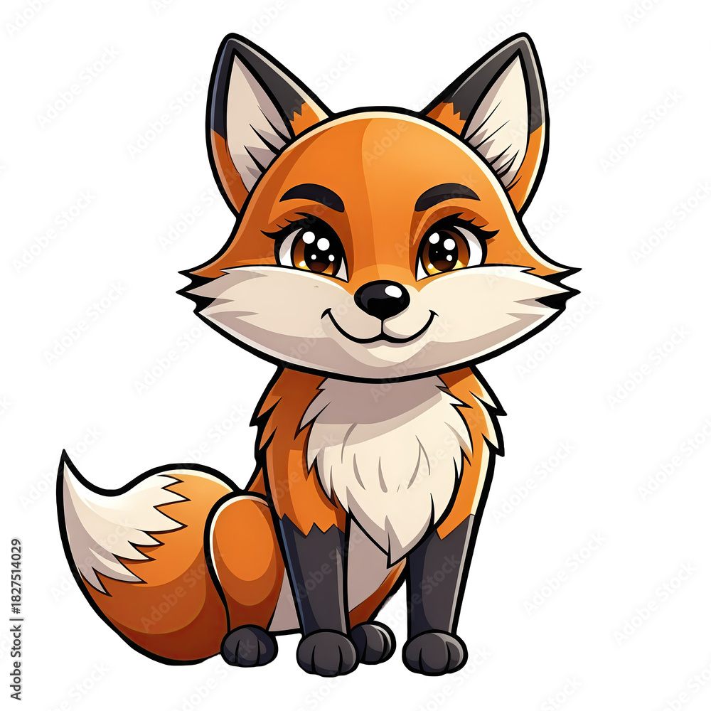 Obraz premium Cute Cartoon Fox with Orange Fur White Accents and Big Expressive Eyes Sitting and Smiling with a Fluffy Tail Isolated on Transparent Background Detailed Pixel Art