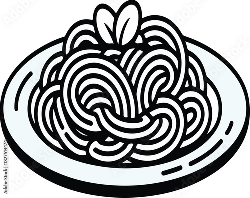 Minimal black and white pasta plate with garnish and basil leaves illustration