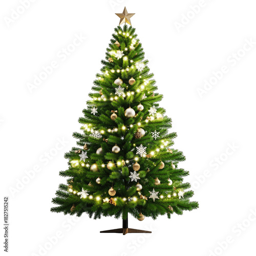 Festive Green Christmas Tree Adorned With Golden Ornaments and Twinkling White Lights Topped With a Star Isolated on a Black Background