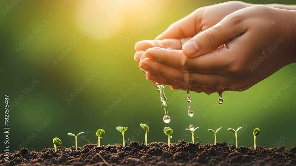 Fototapeta premium Hands watering young seedlings sprouting from soil in sunlight