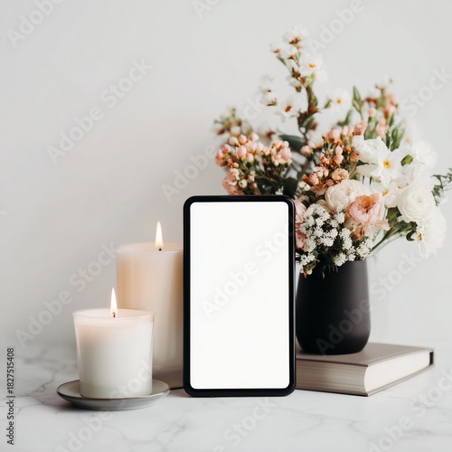 Smartphone Standing with Soft Flowers and Candles in Calm Minimal Still Life