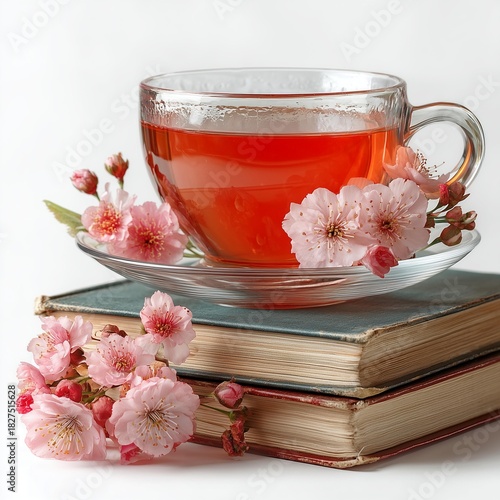 Warm Red Herbal Tea in Glass Cup on Books with Soft Pink Flowers Still Life
