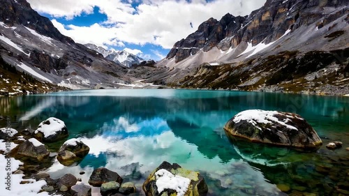 Stunning Mountain Lake Scenery with Snow-Capped Peaks and Turquoise Waters.