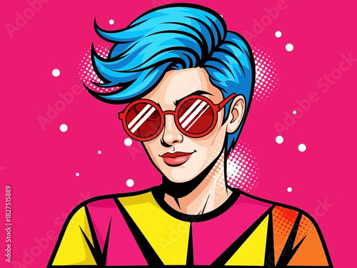 Stylish pop art woman with blue hair and red sunglasses on a pink background