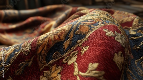 Closeup macro shot of richly textured, folded antique oriental rug fabric displaying intricate floral and vine patterns in deep red and blue