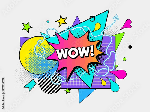 Vibrant retro style graphic design featuring bold geometric shapes and the word wow