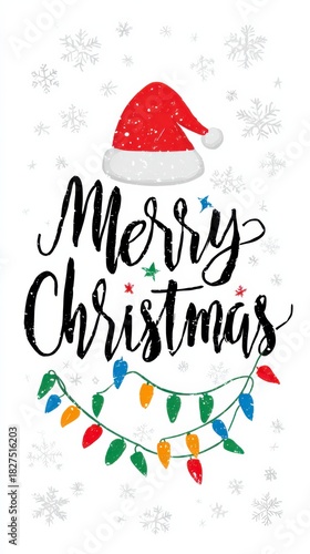 Holiday Cheer: A festive Christmas scene, a merry greeting adorned with whimsical illustrations of a santa hat and colorful lights, celebrating the spirit of the season.