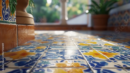 Closeup low angle shot of sunlit, glossy, colorful blue and yellow patterned ceramic tiles on a floor near a window with potted plant