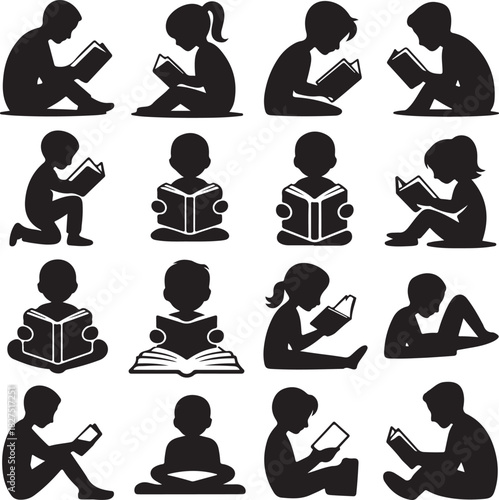 Diverse Children Reading Books in Silhouette Style Education and Learning Concept