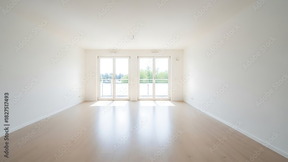 Obraz premium Bright empty room with white walls and floor and two windows letting in natural light from outside