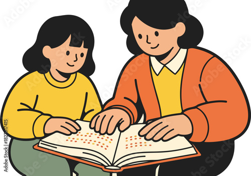 A woman assists a young girl in reading a book with Braille, fostering learning and education.