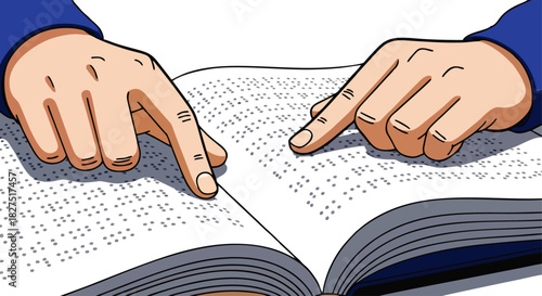 A person's hands reading a book written in Braille, using their index fingers to guide them across the raised dots.
