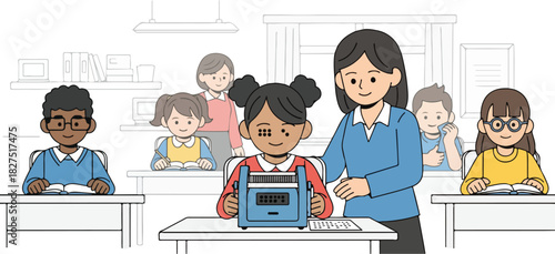 A teacher assists a student using a braille machine in a classroom setting, surrounded by other students.