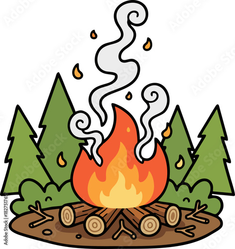 Cartoon Forest Campfire with Smoke on Light Green Background – Cozy Bonfire Vector Illustration