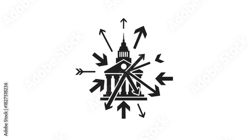 Arrows converging on government building silhouette