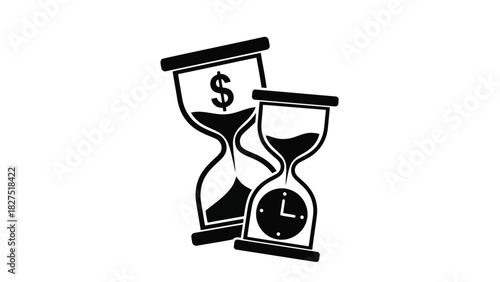 Two hourglasses one with a dollar sign and the other with a clock face silhouette