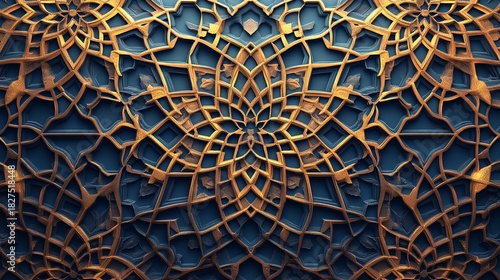Intricate golden arabesque geometric pattern overlaying a dark blue textured background, creating a luxurious and complex symmetrical design
