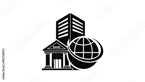 Global bank building and globe silhouette