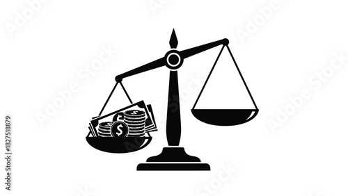 Balance scale with money and empty tray silhouette