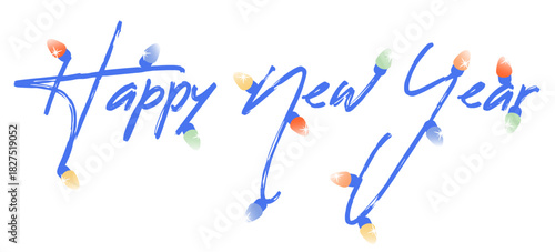 Happy New Year handwritten text with colorful holiday lights