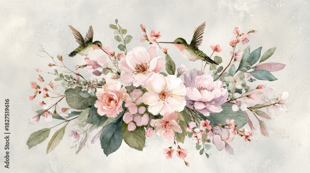 Fototapeta premium Airy watercolor floral composition with hovering hummingbirds among pale blooms
