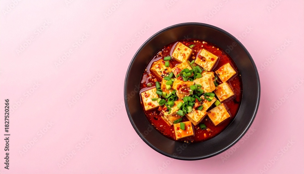 custom made wallpaper toronto digitalSpicy Sichuan Mapo Tofu with chili and scallions in a black bowl, top view on a pink background.