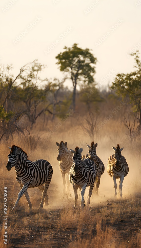 Obraz premium Zebras graze serenely across Kruger National Park bathed in warm afternoon savanna light