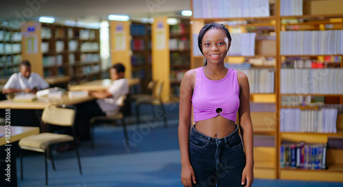 African young adult gen z beautiful lady confident student standing proud look camera indoor library happy smiling girl staring cam do casual pose enjoy joyful day time inside college