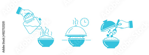Steps to make porridge, oatmeal, or puree from dry flakes. Silhouette icon for food packaging. Pour boiling water, let it sit, and add ingredients for taste. Three-step instructions.