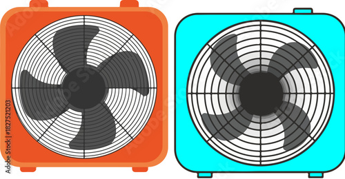 Two box fans side by side cooling air in summer heat with orange and blue frames