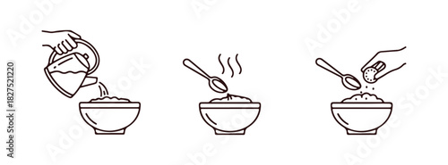 Preparation of porridge, oatmeal, or puree using dry flakes. A silhouette icon designed for food packaging. Pour boiling water, let it steep, and mix in ingredients for taste. Three-step guide.