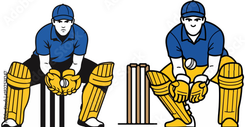 Two cricket wicket keepers ready to catch the ball behind the stumps on the field