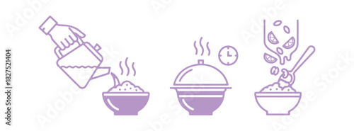 Making porridge, oatmeal, or puree from dry flakes. A silhouette icon for food packaging. Pour boiling water, allow it to steep, and add ingredients for flavor. Instructions in three simple steps.