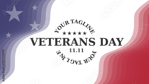 Patriotic Veterans Day background featuring red and blue abstract waves, stars, and bold typography. Perfect for banners, posters, and commemorative designs honoring military service on November 11