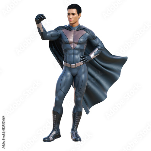 Muscular Man in Futuristic Blue and Gray Superhero Costume with Flowing Cape Standing Confidently Against a Transparent Background
