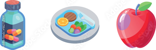 Health, Nutrition, and Wellness Isometric Icons: Supplements, Meal Plate, and Apple