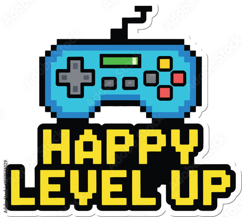 Gaming-themed "Happy Level Up" design with a retro video game controller, perfect for celebrating a gamer's birthday or milestone.