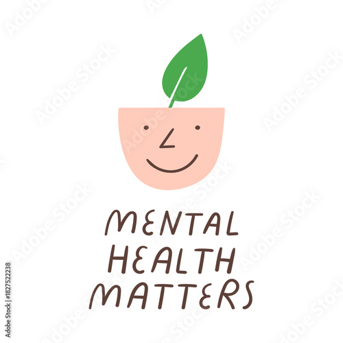 Mental Health Matters. Minimal head with leaf for psychology websites and self-care applications.