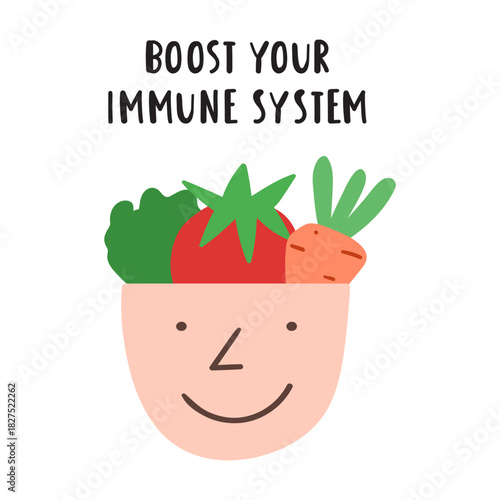 Immune System Boost. Minimal head with vegetables for health websites and nutrition education materials.