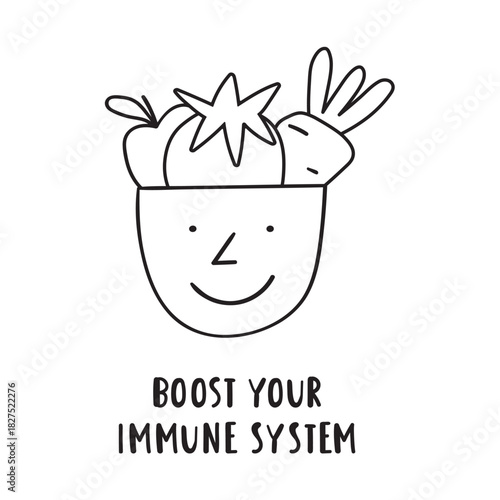 Boost your Immune System Outline. Line art head with vegetables for medical blogs and healthcare branding.
