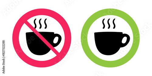 Coffee Permission Signs. Minimal red prohibited and green allowed coffee symbols for health blogs and nutrition guides.