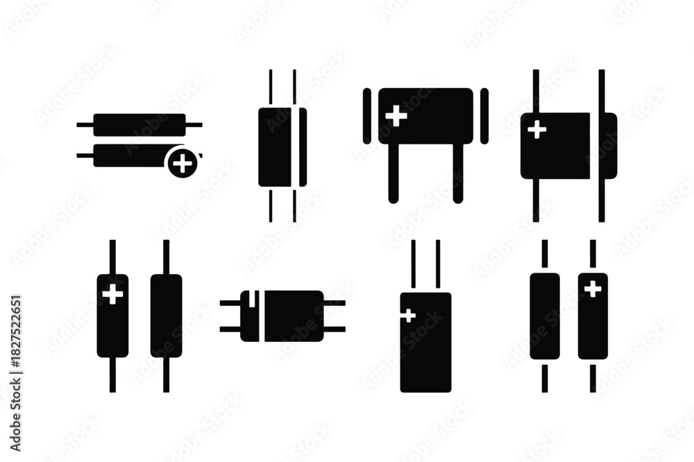 Fototapeta premium Capacitor Solid Electronic Silhouette Icon Set