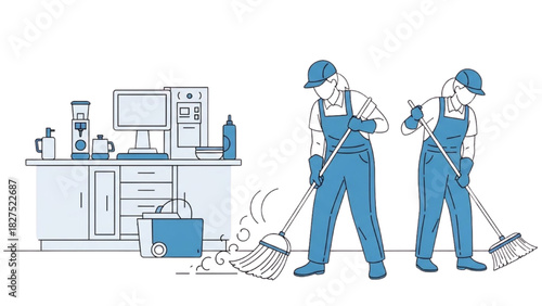 Professional Cleaning Staff Sweeping in Commercial Kitchen – Line Art Illustration of Janitors at Work