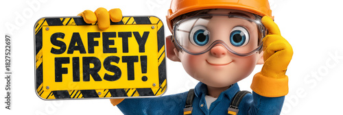 Cartoon worker wearing safety glasses, safety helmet, work gloves, holding a black and yellow sign with the black text 