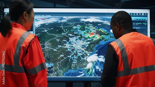 Professional team of dispatchers monitoring a weather forecast map on a digital screen in a control room
