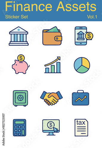 Finance sticker set featuring money icons, banking symbols, savings, budget planning, investment elements, and financial management graphics. Ideal for business, fintech, and educational projects.