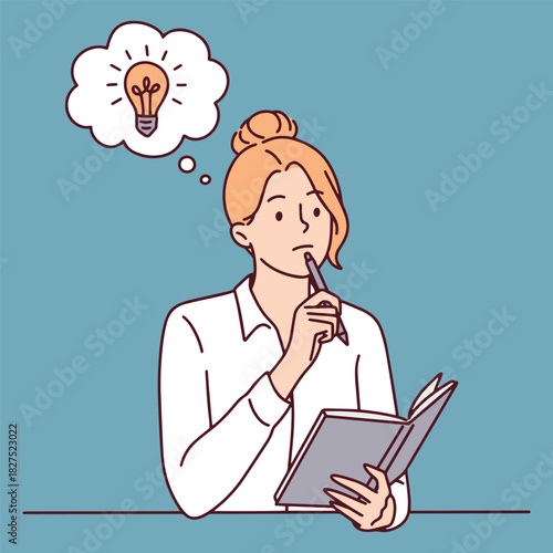 Girl holds a pen and notebook while thinking about a new creative plan. Young student or writer gets a brilliant inspiration represented by a light bulb.